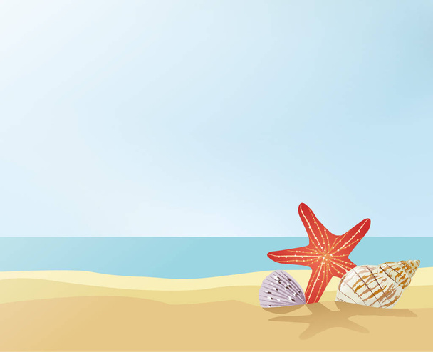 Starfish and seashells on the sand near the ocean. Summer on the beach - Wektor, obraz