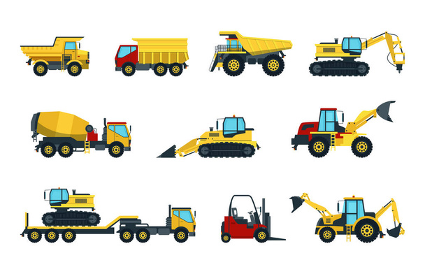 トラック、ブルドーザー、ミキサー、ローラー、ダンパー、掘削機 - ベクター画像