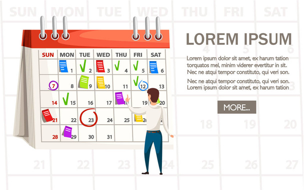 Tabulkový kalendář s papírovými nálepkami a značkami. Plochá vektorová ilustrace na bílém pozadí. Místo pro text. Tlačítko webového serveru, koncept stránky - Vektor, obrázek