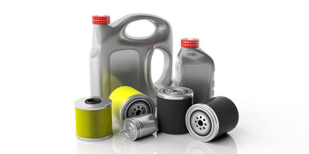 Carros de combustível do motor e filtros de óleo e recipientes de óleo isolados contra fundo branco. ilustração 3d
 - Foto, Imagem