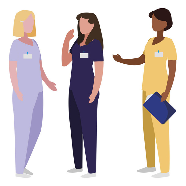 Interracial vrouwelijke geneeskunde werknemers met uniforme karakters - Vector, afbeelding