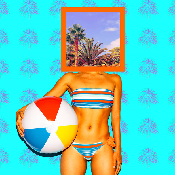 Contemporary minimal art collage. Girl in swimsuit. Vacation vib - Foto, afbeelding