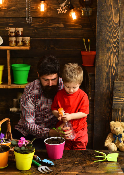 Father and son. Fathers day. Flower care watering. Soil fertilizers. happy gardeners with spring flowers. bearded man and little boy child love nature. Family day. Greenhouse. Live brightly - Фото, изображение