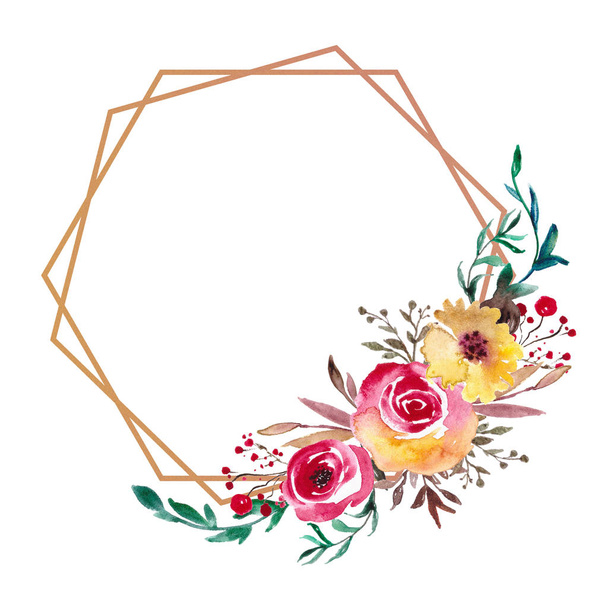 Watercolor Floral Frame, Flower Wreath. Foliage backdrop for wedding invitation, greeting card. - Фото, изображение