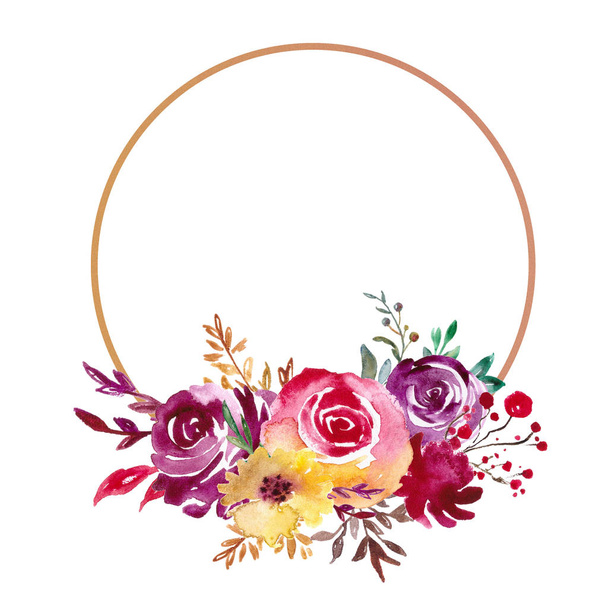 Watercolor Floral Frame, Flower Wreath. Foliage backdrop for wedding invitation, greeting card. - Φωτογραφία, εικόνα