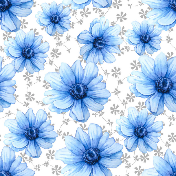 Watercolor colorful pattern with blue anemone flowers on white background. Hand drawing Illustration - Vector, Image