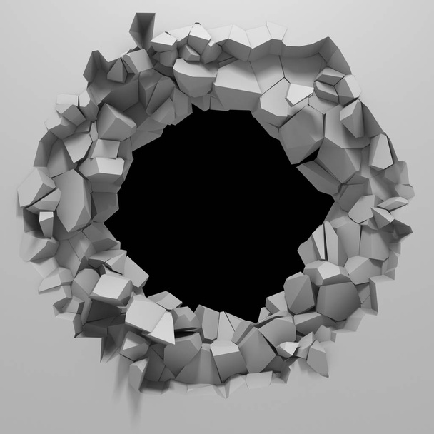 Dark destruction cracked hole in white stone wall - Φωτογραφία, εικόνα