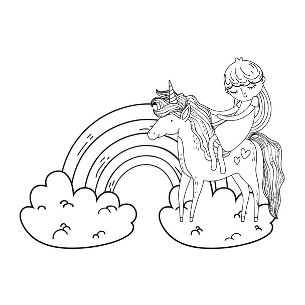 Mały jednorożec i księżniczka w chmurach z tęczy - Wektor, obraz
