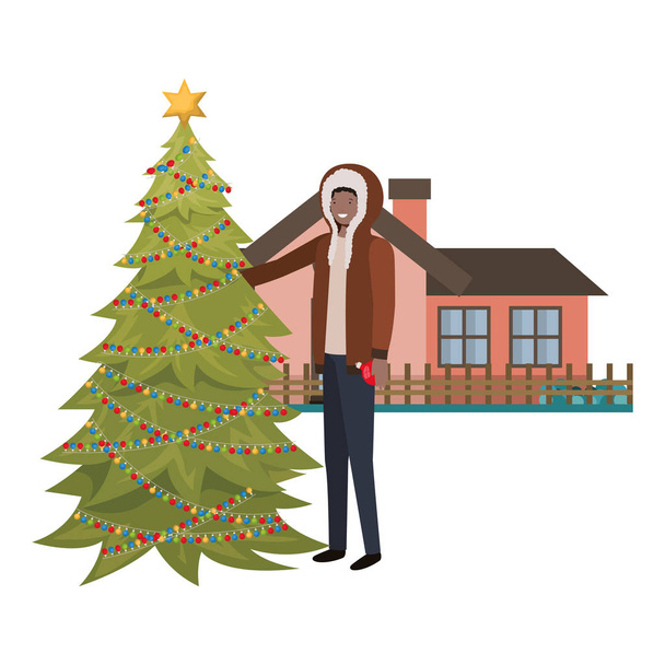 hombre con árbol de Navidad fuera de la casa
 - Vector, imagen