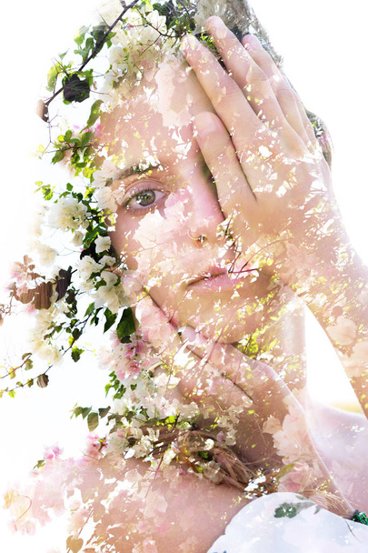 Double exposure portrait of a naturally beautiful woman partiall - Foto, immagini