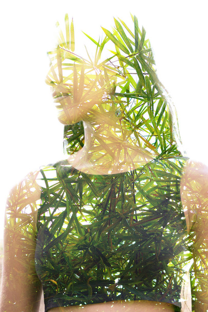 Double exposure close up of a young natural beauty with closed e - Foto, Imagem