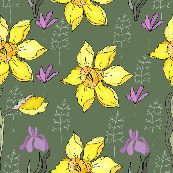 Seamless floral ornament with yellow daffodils and purple primroses.On a green background. Endless texture for your design, fabrics, decor - Vector, Imagen