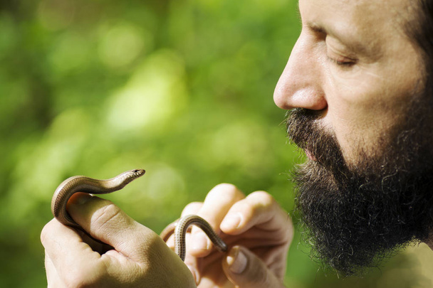 biólogo sosteniendo pequeña serpiente
 - Foto, Imagen
