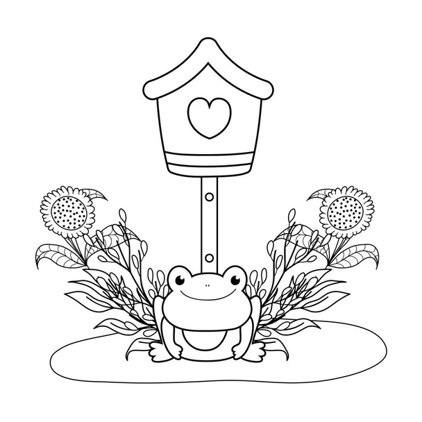 χαριτωμένος βάτραχος στο τοπίο με το κλουβί πουλιών - Διάνυσμα, εικόνα