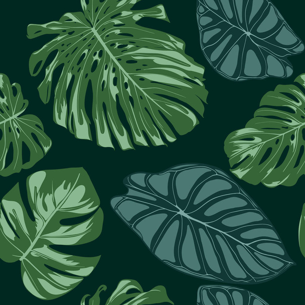 Vector Tropic Seamless Pattern. Philodendron and Alocasia Leaves. Hand Drawn Jungle Foliage in Watercolor Style. Exotic Background. Seamless Tropic Leaf for Textile, Cloth, Fabric, Decoration, Paper. - Vector, Image