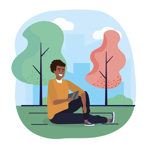 fun man seating with smartphone and trees - Vector, Image