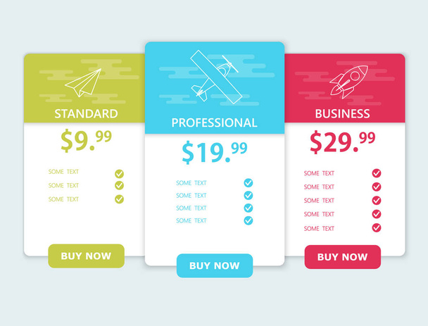 Creative business plans web comparison pricing table. Design modern banner list. Abstract concept graphic websites, applications element. Vector EPS10 illustration. Colorful 3d chart. - Vector, imagen