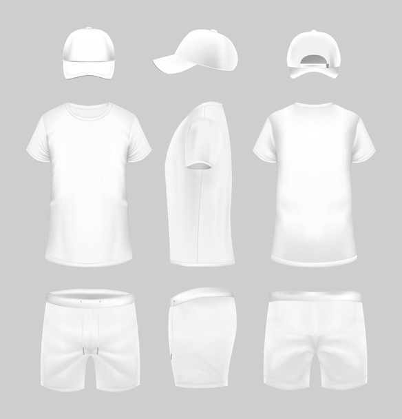 White t-shirt, cap and shorts template in three dimentions. - Vektor, kép