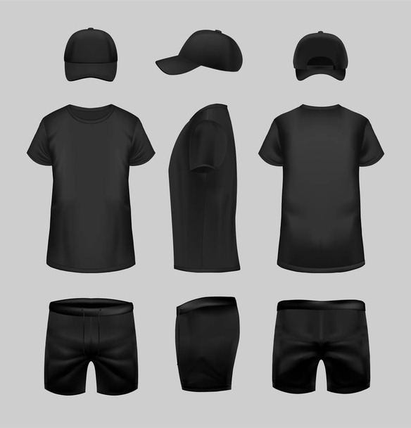 Black t-shirt, cap and shorts template in three dimentions. - Vecteur, image