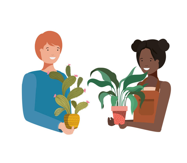 young couple with houseplant avatar character - Vector, Image