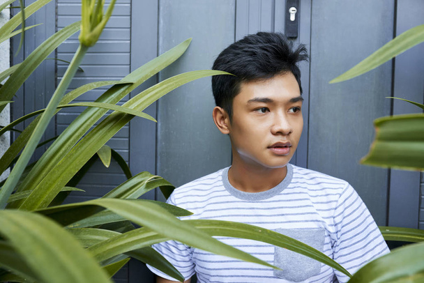 植物の間の裏口に立つ若いハンサムなベトナム人男性の肖像画 - 写真・画像