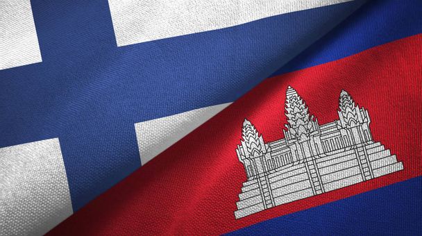 Фінляндія і Камбоджа два прапори текстильної тканини, текстура тканини  - Фото, зображення