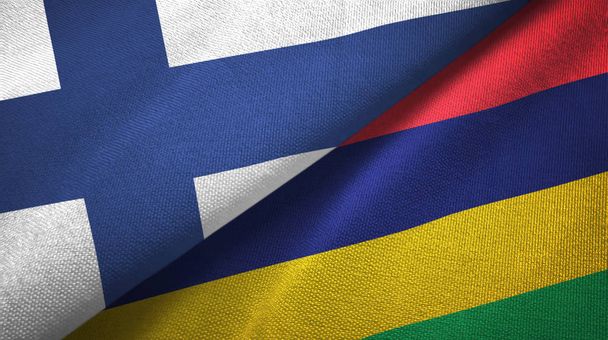 Finsko a Mauricius dvě vlajky textilní tkaniny, textura - Fotografie, Obrázek
