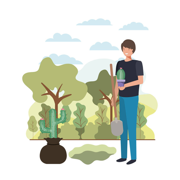 man with cactus to plant in landscape - Vector, Image