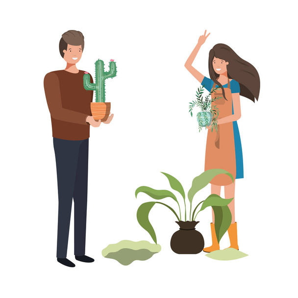 pareja con árboles para plantar carácter avatar
 - Vector, Imagen