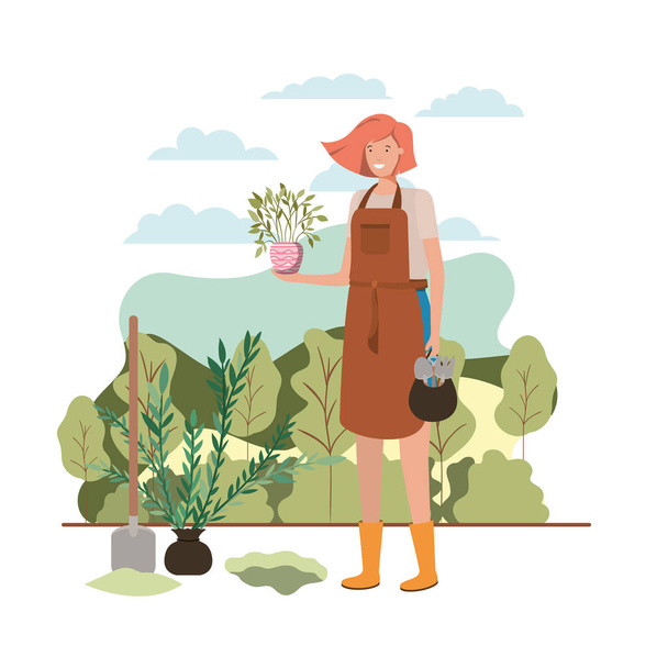 γυναίκα με δέντρο να φυτέψει στο τοπίο - Διάνυσμα, εικόνα