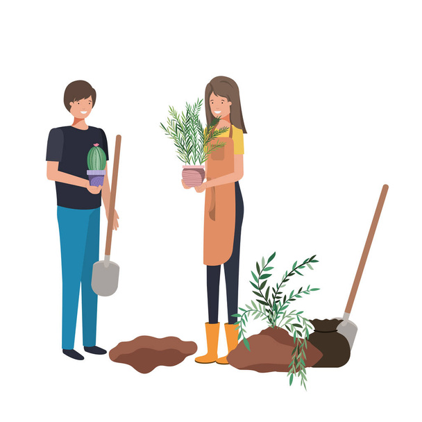 casal com árvores para plantar caráter avatar
 - Vetor, Imagem