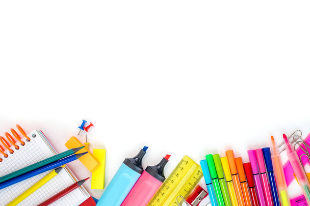 School supplies on white background. Copyspace. Top view - Photo, Image