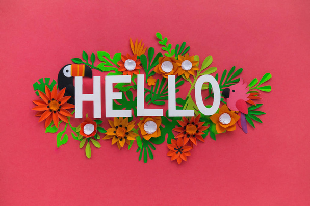Hello May hand lettering card. Spring tulip narcissus, plumeria paper flowers on dark pink background. - Foto, Imagen