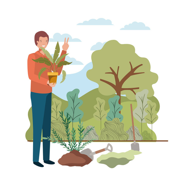 homem com árvore para plantar na paisagem
 - Vetor, Imagem