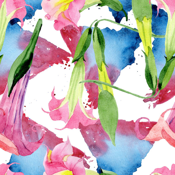 Pink Brugmansia virágos botanikai virágok. Akvarell háttér illusztráció meg. Folytonos háttérmintázat. - Fotó, kép