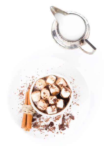 Hot dark chocolate with mini marshmallow, cinnamon and milk - Fotoğraf, Görsel