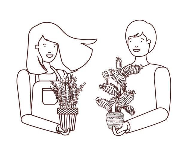 mladý pár s houseplant avatar charakter - Vektor, obrázek