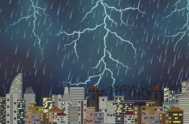 Burza z piorunami nocą scena miejska - Wektor, obraz