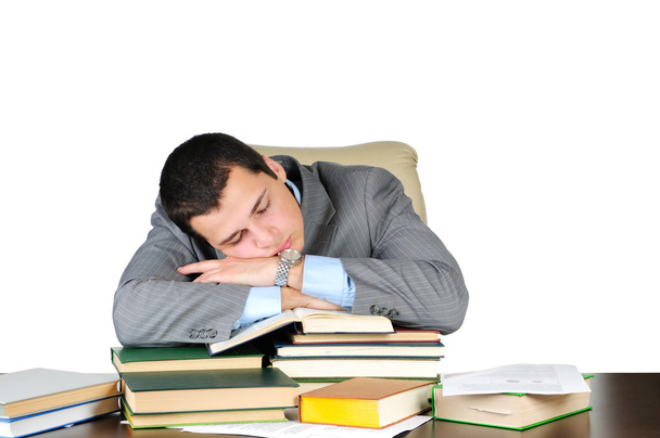 Business man sleeping on book heaps isolated on white background - Photo, Image