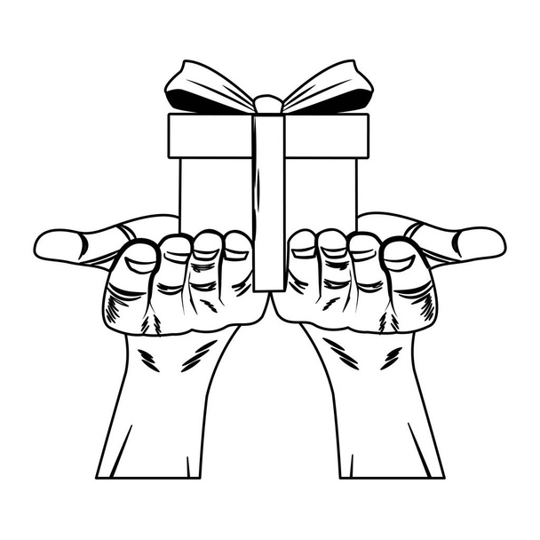 Χέρια που κρατούν giftbox Ποπ Αρτ σε μαύρο και άσπρο - Διάνυσμα, εικόνα