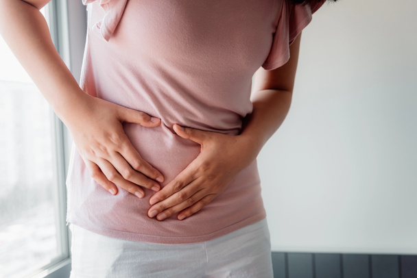 Woman is Having Stomach Ache or Menstrual Period, Close-Up Portrait of Young Woman is Suffering From Abdominal Pain at Her Home. Healthcare and Medicine Concept. - Photo, Image