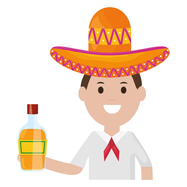 mexican man with tequila bottle character - Вектор, зображення
