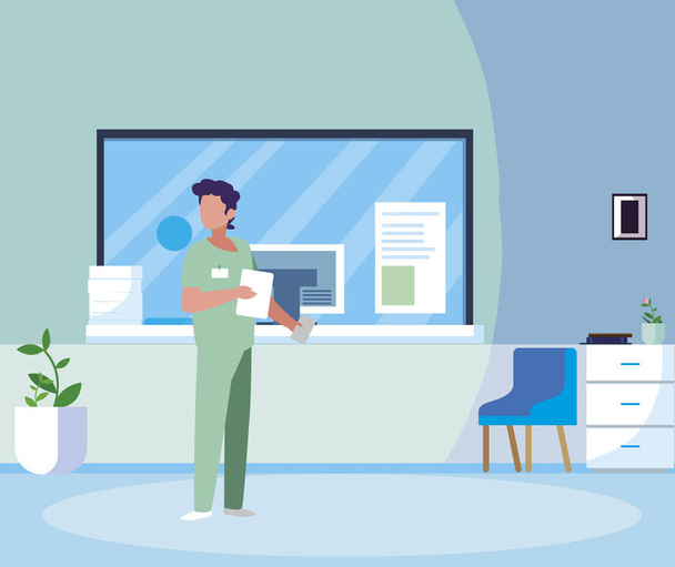 male medicine worker with uniform in hospital reception - Vector, Image