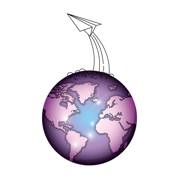 planeta tierra del mundo con avión de papel
 - Vector, imagen