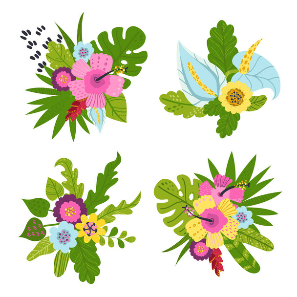 Set of tropical bouquets of flowers and leaves - ベクター画像