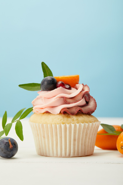 tasty cupcake with cream and kumquats on white surface isolated on blue - Photo, Image
