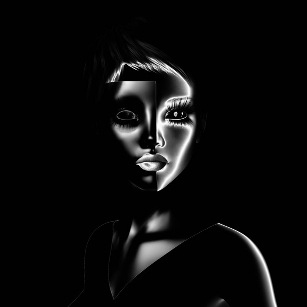 Digital 3D Illustration of a Female in Black and White - Fotoğraf, Görsel