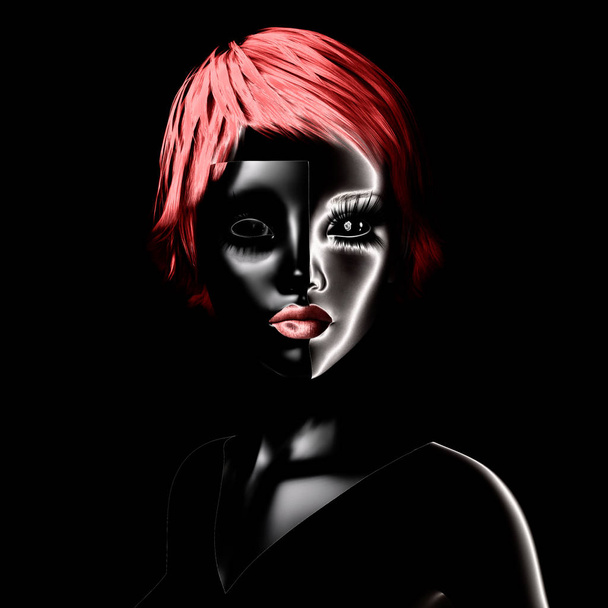 Digital 3D Illustration of a Female in Black and White - Fotoğraf, Görsel