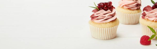 panoramic shot of sweet cupcakes with garnet on white surface - Foto, imagen