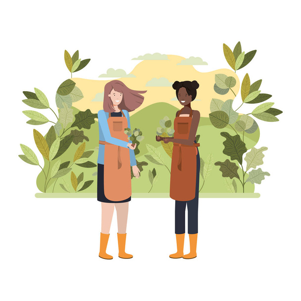 ženy zahradníci s krajinou avatar charakter - Vektor, obrázek